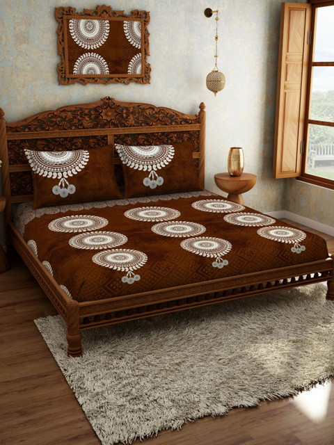 

SPACES Brown Ethnic Motifs 210 TC Cotton 1 King Bedsheet with 2 Pillow Covers