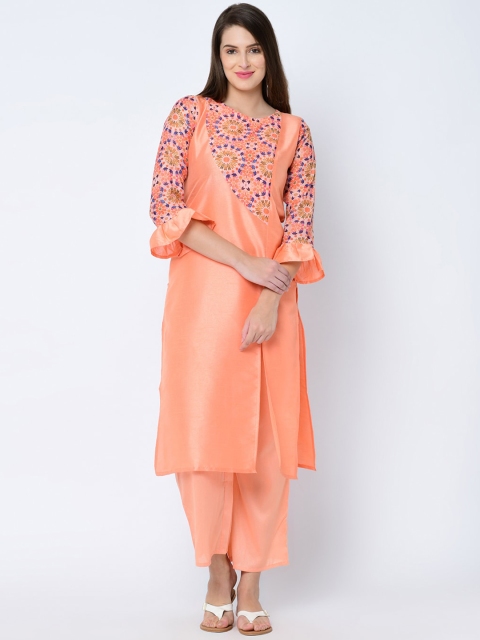 

ZIYAA Women Peach-Coloured Yoke Design Kurti with Trousers & Dupatta