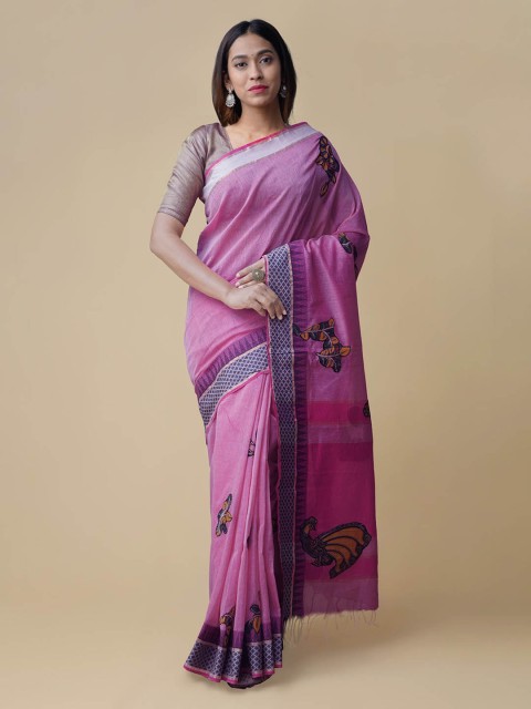 

Unnati Silks Pink Pure Cotton Striped Mangalagiri Saree
