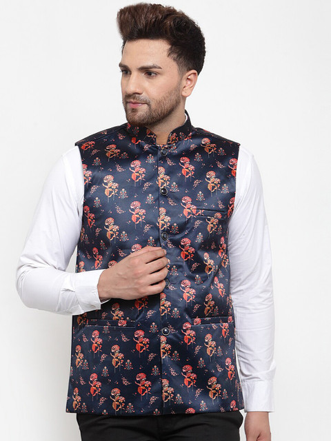 

Jompers Men Navy Blue & Orange Floral Printed Nehru Jacket