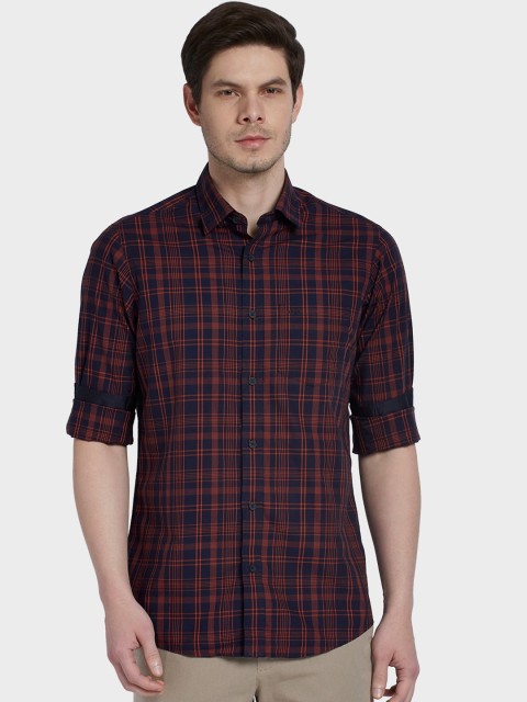 

ColorPlus Men Navy Blue & Orange Regular Fit Checked Casual Shirt