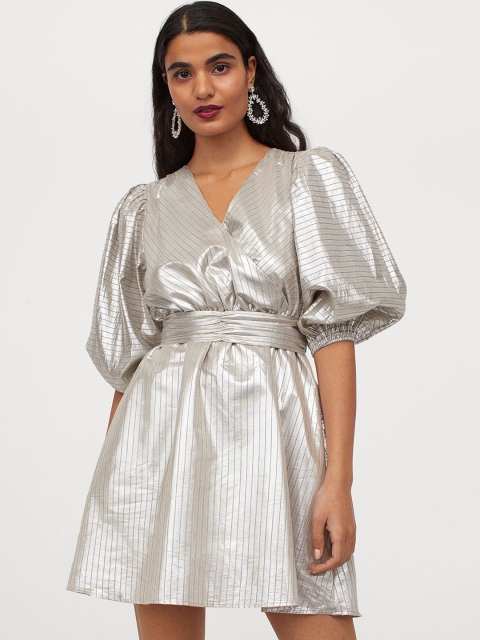

H&M Women Silver-Toned Puff-Sleeved Dress