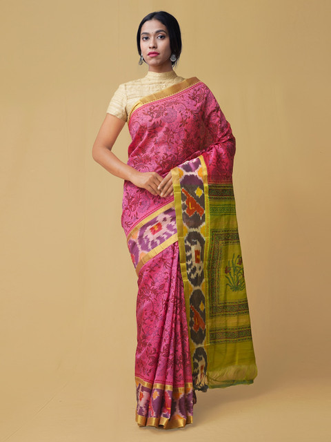 

Unnati Silks Pink Pure Silk Printed Mangalagiri Saree