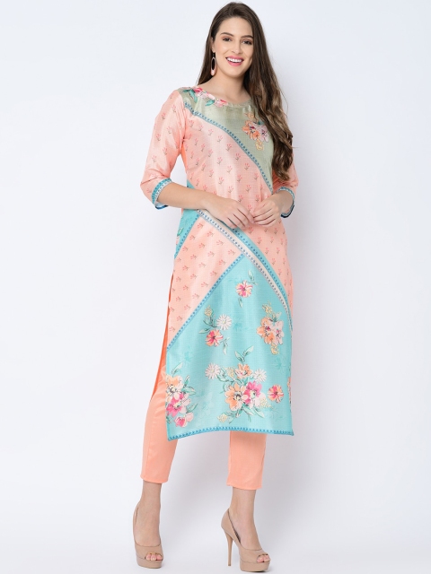 

ZIYAA Women Peach & Turquoise Blue Floral Printed Kurta with Trousers