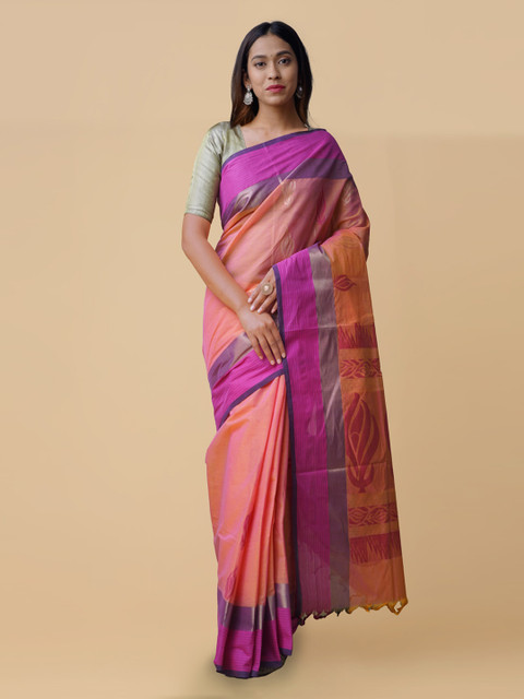 

Unnati Silks Peach-Coloured & Pink Pure Cotton Woven Design Uppada Handloom Saree