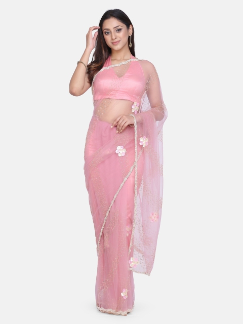BOMBAY SELECTIONS Pink Net Embellished Dharmavaram Saree