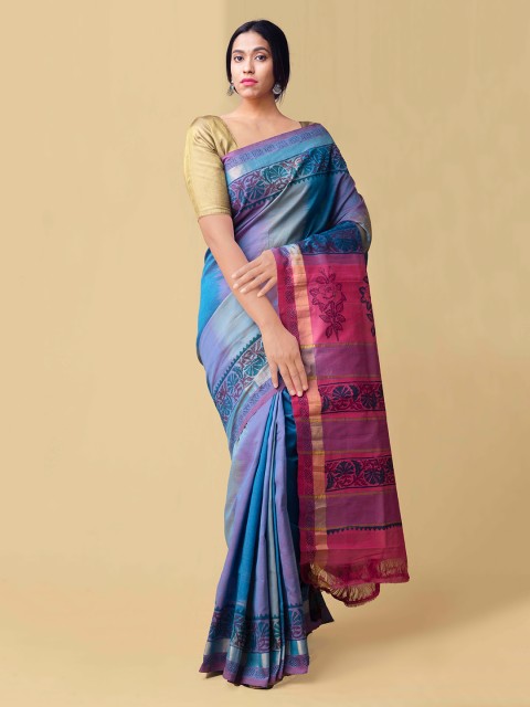 

Unnati Silks Blue & Pink Silk Cotton Woven Design Kanjeevaram Handloom Saree
