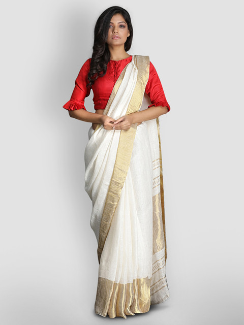 

Aryavart White & Gold Organic Linen Solid Saree