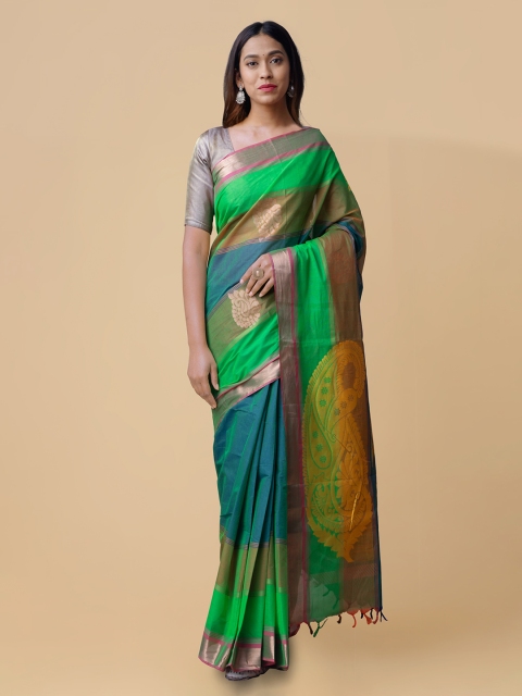 

Unnati Silks Green & Blue Pure Cotton Colourblocked Uppada Saree