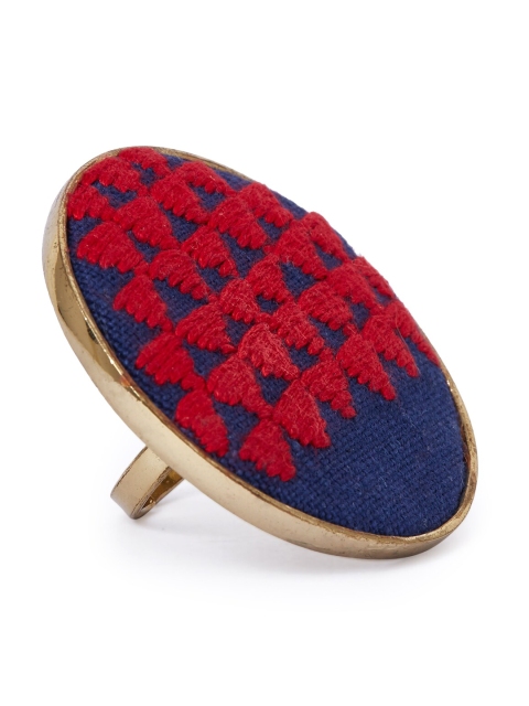 

Globus Gold-Plated Navy Blue & Red Ethnic Embroidered Finger Ring