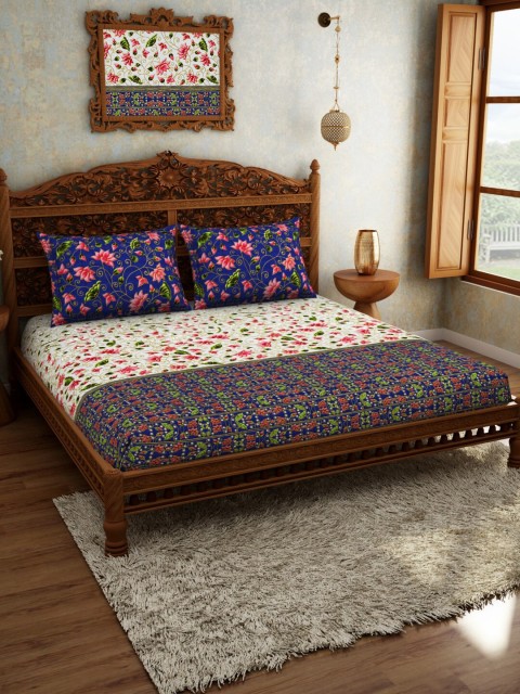 

SPACES Rangana Blue & Cream-Coloured Floral 300 TC Cotton 1 King Bedsheet with 2 Pillow Covers