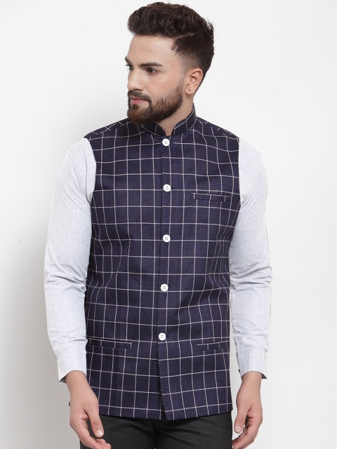 

Jompers Men Navy Blue Checked Nehru Jacket