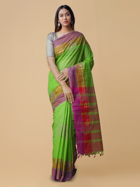 

Unnati Silks Green & Pink Handloom Pure Cotton Embroidered Mangalagiri Saree