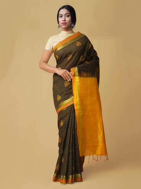 

Unnati Silks Black & Mustard Yellow Silk Cotton Woven Design Pochampally Handloom Saree