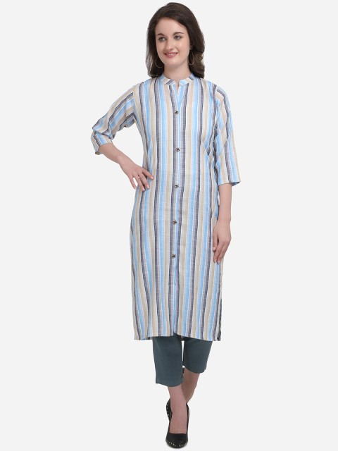

Kvsfab Women Blue & White Striped Straight Kurta
