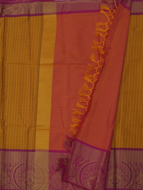 

Pothys Mustard & Pink Jute Silk Checked Saree