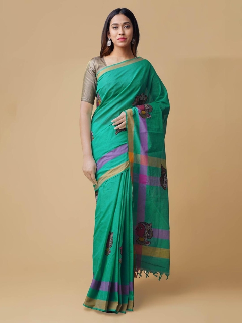 

Unnati Silks Green & Brown Pure Cotton Printed Mangalagiri Handloom Saree