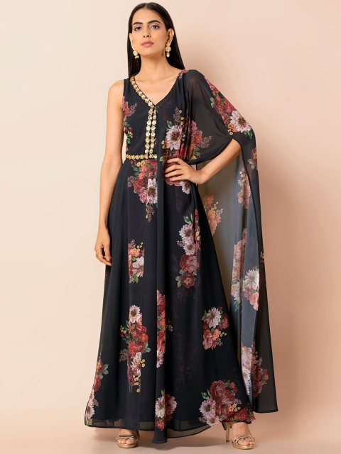 

INDYA Women Black Printed Maxi Dress With Attached Dupatta