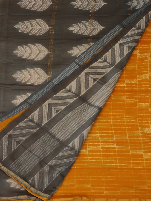 

Pothys Mustard Yellow & Grey Cotton Blend Printed Chanderi Saree