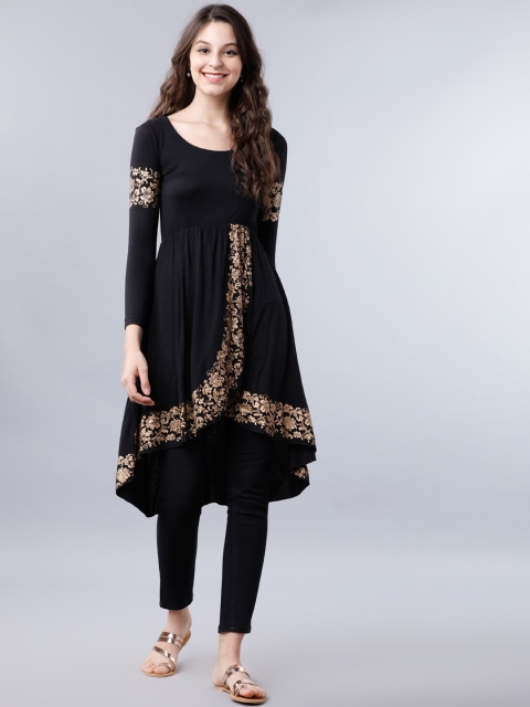 

Vishudh Women Black & Gold Floral Printed Anarkali Kurta