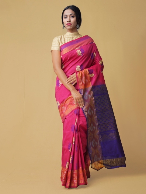 

Unnati Silks Pink & Navy Blue Silk Cotton Woven Design Handloom Uppada Saree