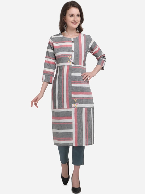 Kvsfab Women Charcoal Grey & Pink Striped Straight Kurta
