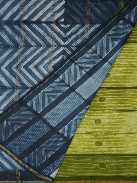 

Pothys Olive Green & Blue Cotton Blend Striped Saree