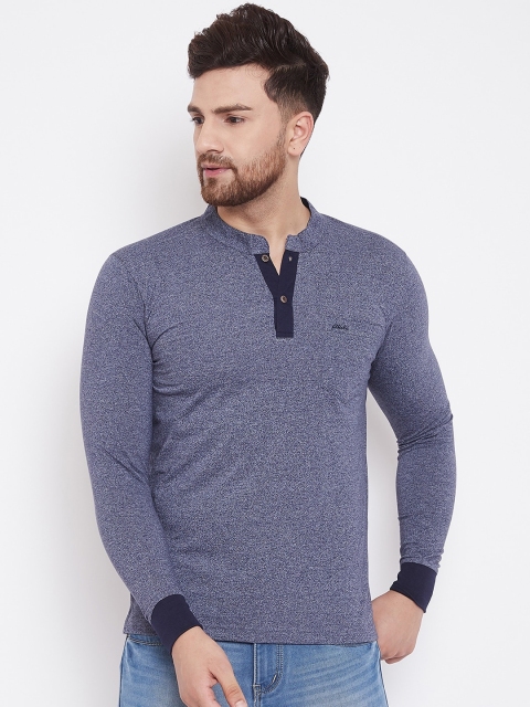 

Adobe Men Blue Self Design Henley Neck T-shirt