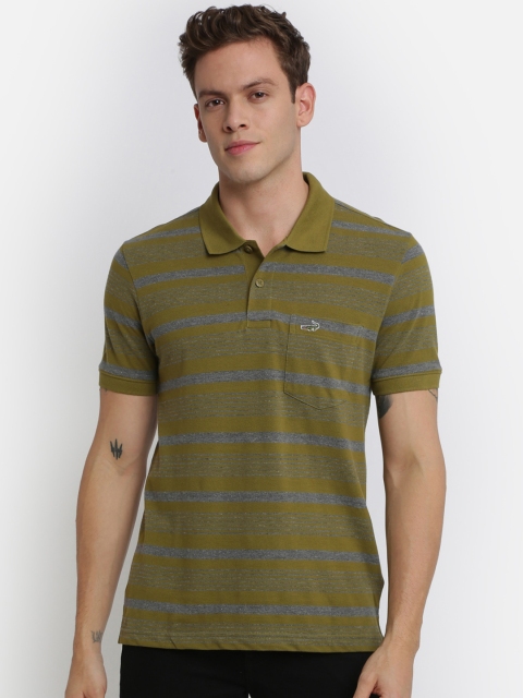

Crocodile Men Olive Green & Grey Striped Polo Collar Slim-Fit T-shirt