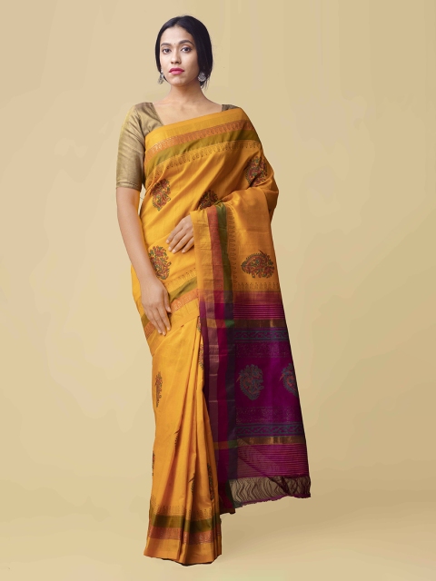 Unnati Silks Yellow & Magenta Silk Cotton Printed Handloom Kanchi Saree