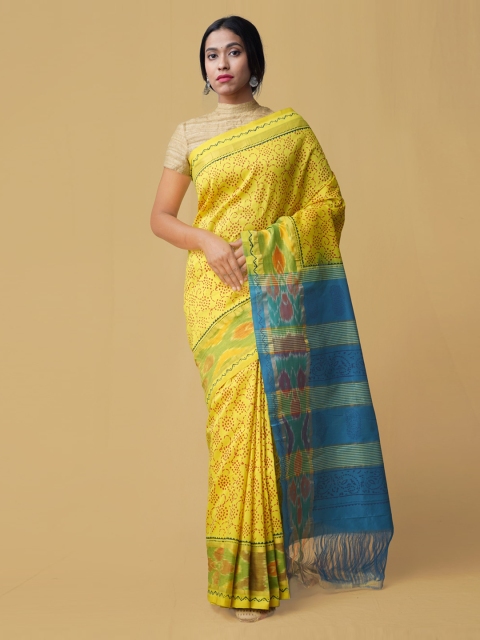 

Unnati Silks Yellow & Turquoise Blue Silk Cotton Woven Design Pochampally Saree