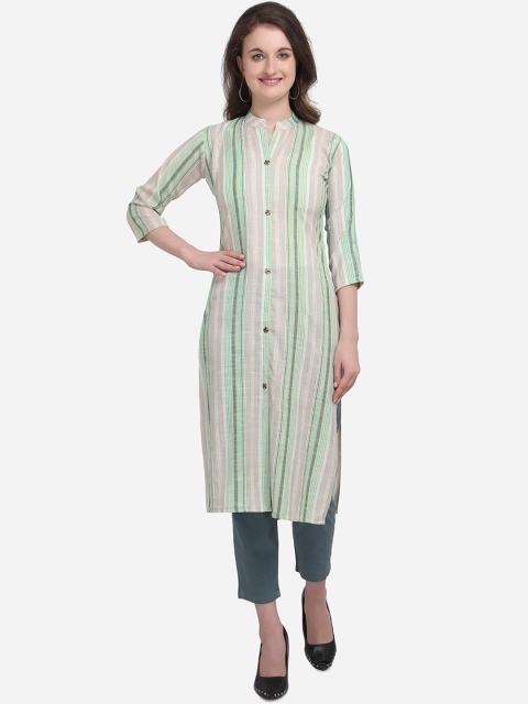 

Kvsfab Women Cream-Coloured & Green Striped Straight Kurta
