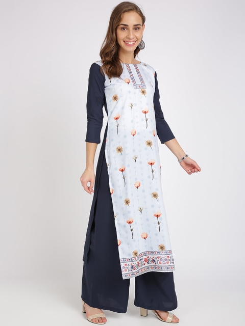 

Silk Bazar Women Blue & Pink Printed Straight Kurta