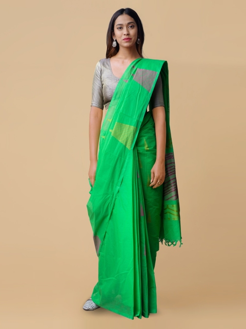 

Unnati Silks Green Pure Cotton Handloom Woven Design Uppada Saree