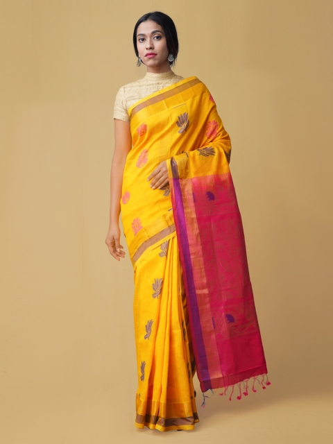 

Unnati Silks Yellow & Pink Silk Cotton Colourblocked Uppada Saree