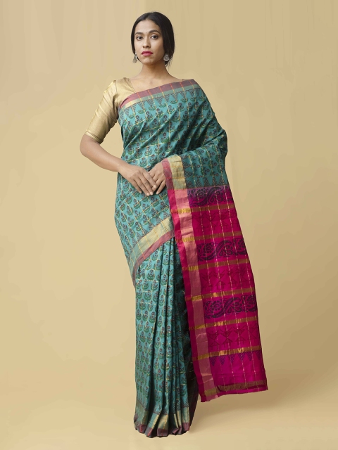 

Unnati Silks Green & Pink Silk Cotton Printed Kanchi Handloom Saree