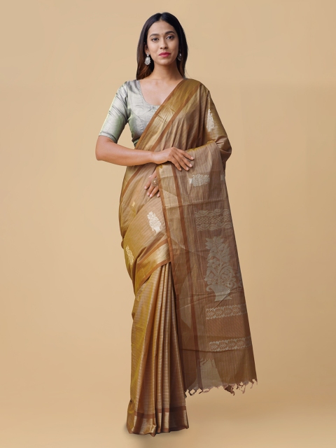 

Unnati Silks Brown & Silver-Coloured Pure Cotton Solid Uppada Handloom Saree