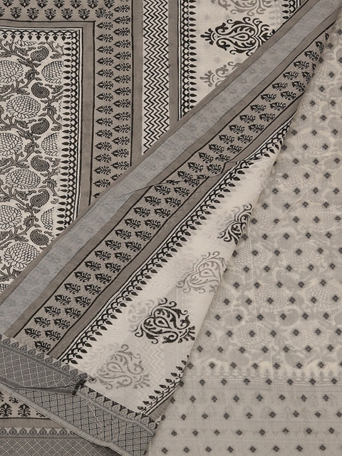

Pothys White & Grey Cotton Blend Printed Saree