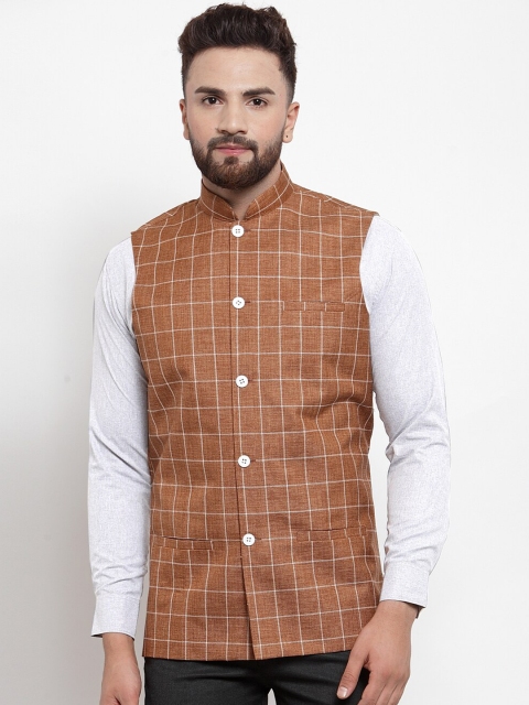

Jompers Men Brown Checked Nehru Jacket