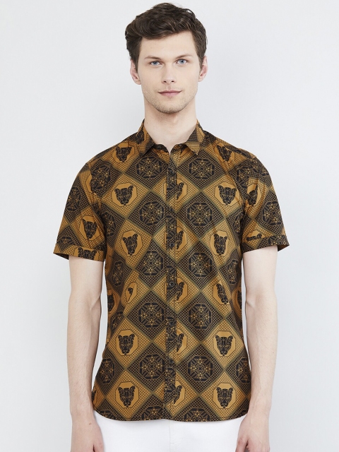 

max Men Mustard Yellow & Black Slim Fit Printed Casual Shirt