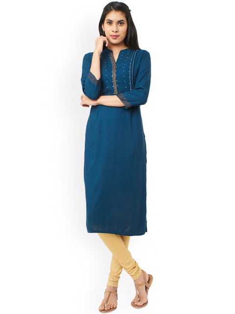 

IMARA Women Teal Blue Yoke Design A-Line Kurta
