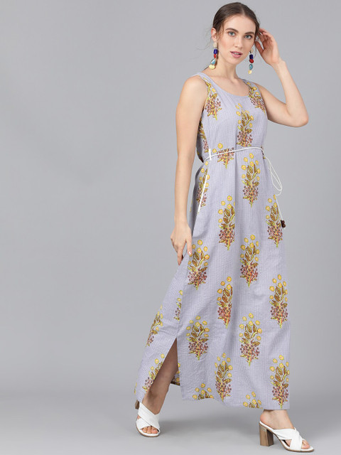 

AKS Women Grey Printed Kantha Work Maxi Dress