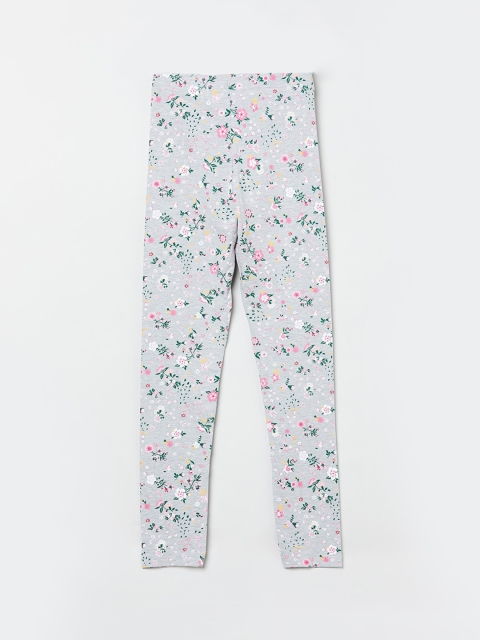 

max Girls Grey & White Floral Printed Ankle-Length Leggings