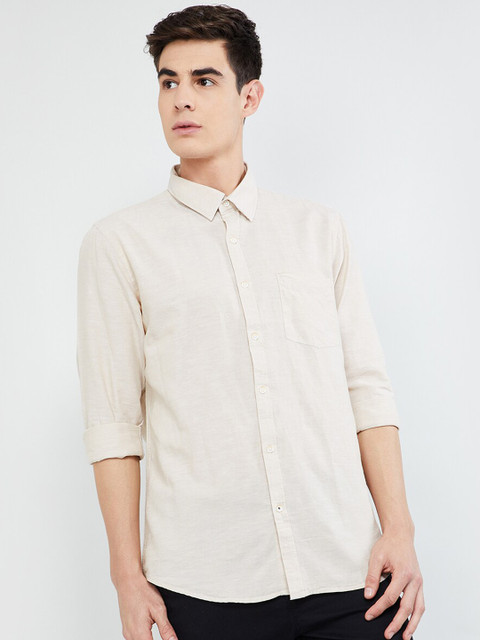 

max Men Beige Slim Fit Solid Cotton Linen Casual Shirt