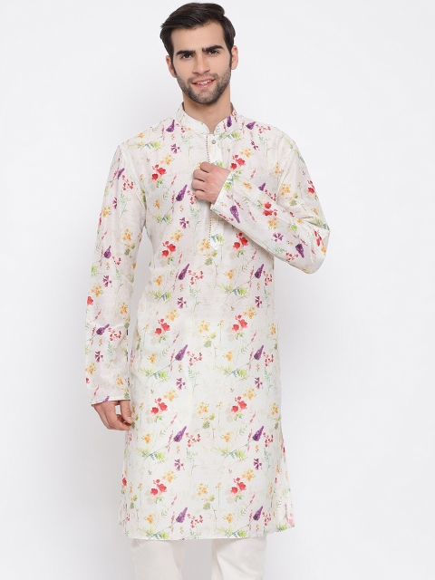 

VASTRAMAY Men Cream & Red Floral Print Straight Kurta
