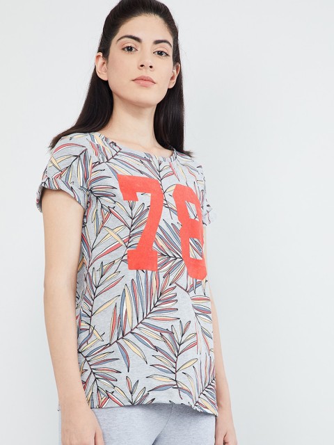

max Women Grey & Orange Printed T-Shirt