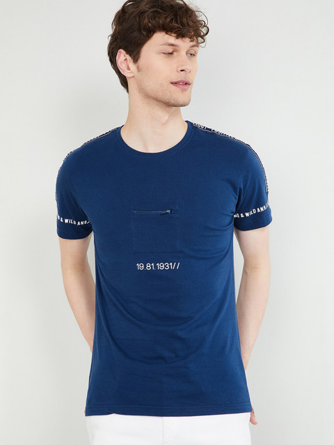 

max Men Navy Blue Printed Round Neck T-shirt