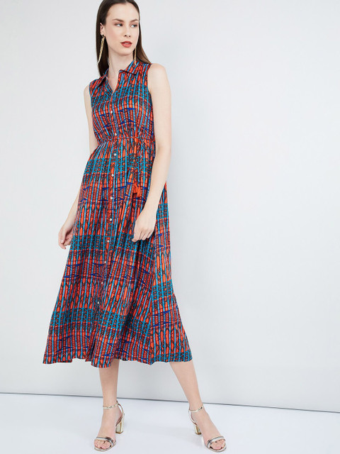 

max Women Orange & Blue Printed A-Line Dress