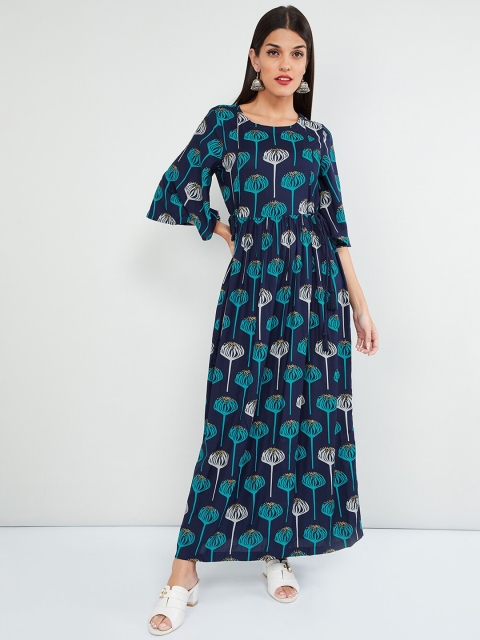 

max Women Navy Blue & Sea Green Floral Printed Maxi Dress