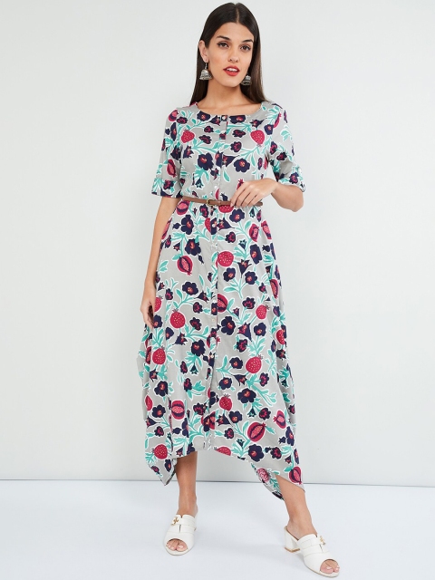 

max Women Grey & Navy Blue Floral Printed A-Line Dress